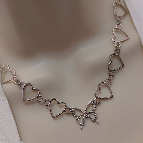 Butterfly Pendant with Linked Open Heart Silver Tone Necklace - Picture 4 of 6